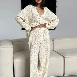 women 100 percent cotton printed cardigan pajama set