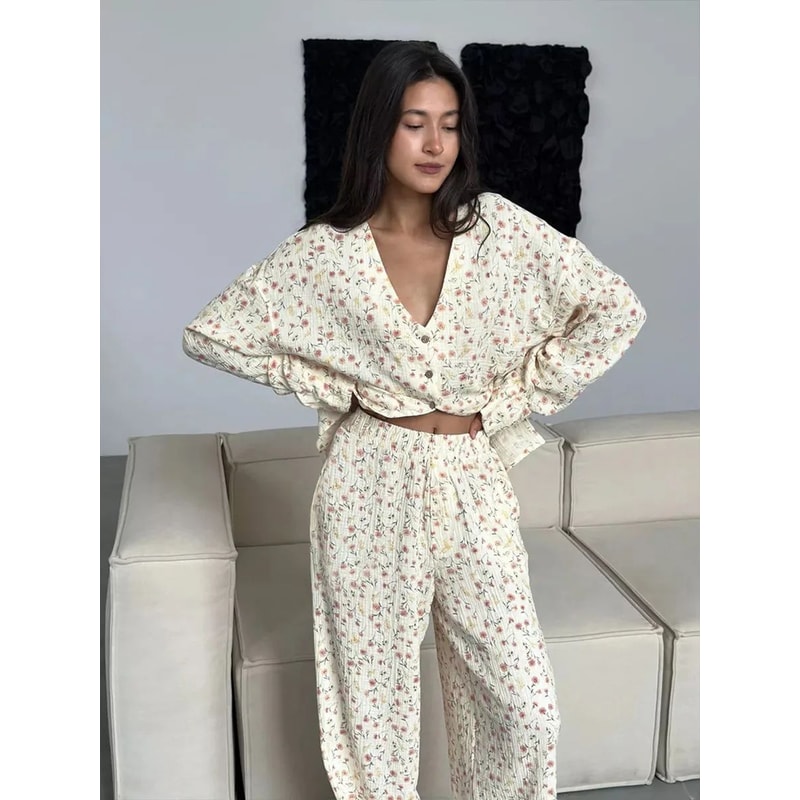 Women 100 Percent Cotton Printed Cardigan Pajama Set 1