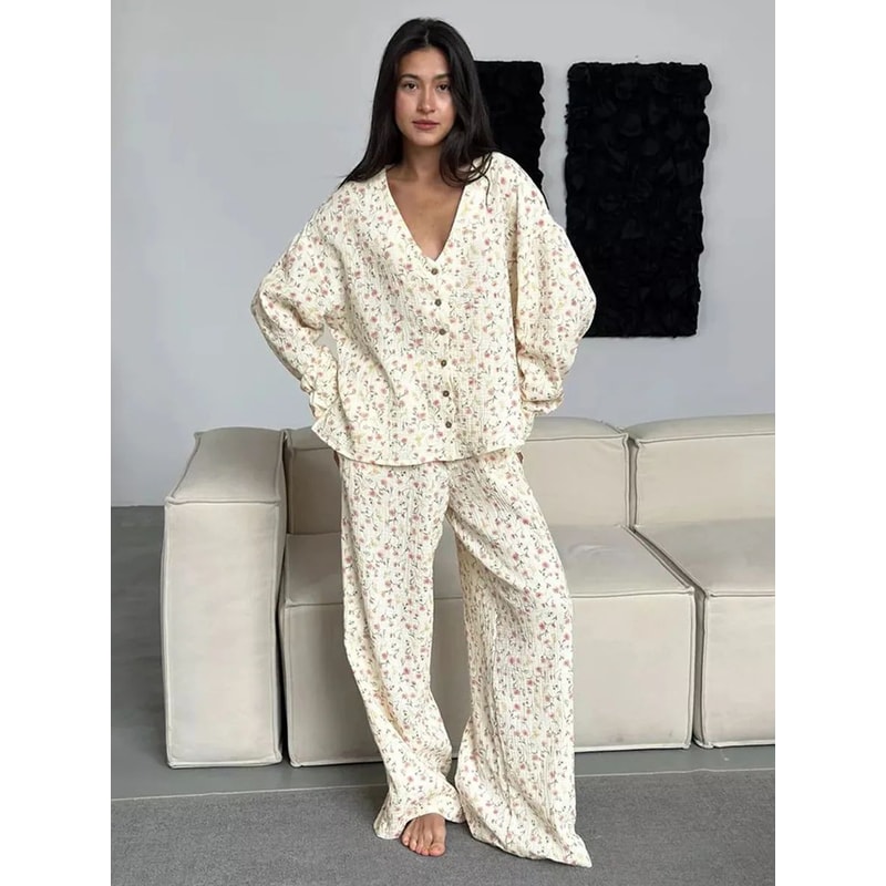 Women 100 Percent Cotton Printed Cardigan Pajama Set 4