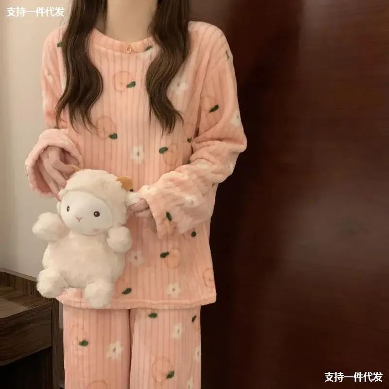 Women Thick Warm Coral Velvet Flannel Pajama Set 0
