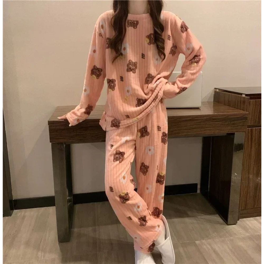 Women Thick Warm Coral Velvet Flannel Pajama Set 8