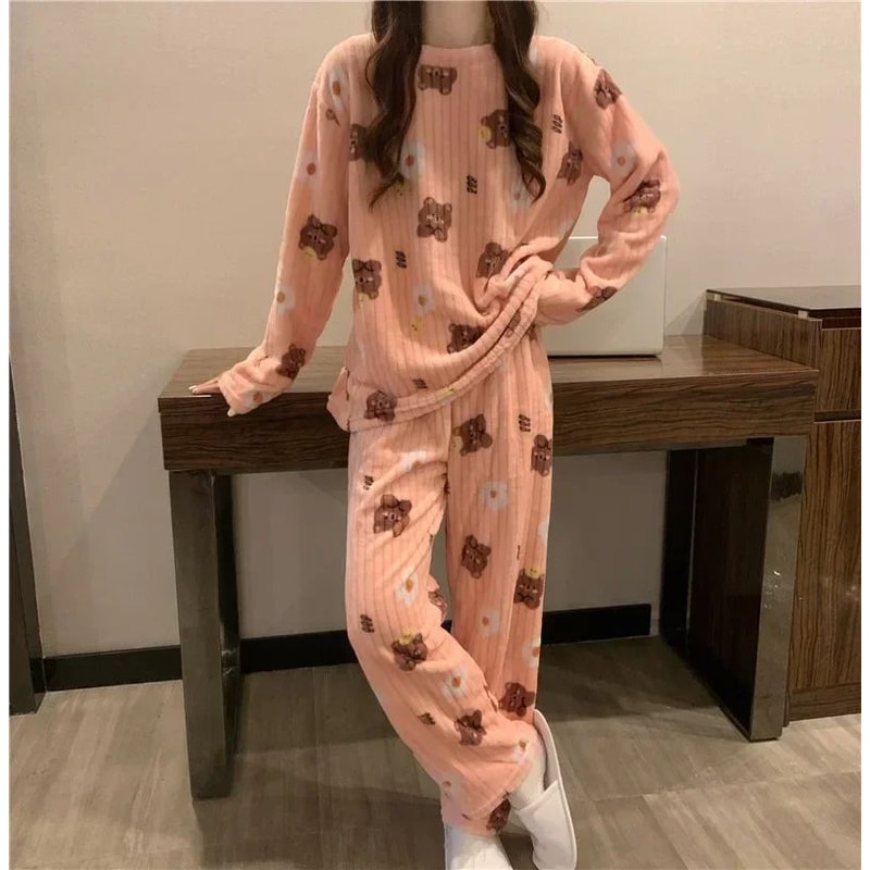 Women Thick Warm Coral Velvet Flannel Pajama Set 8