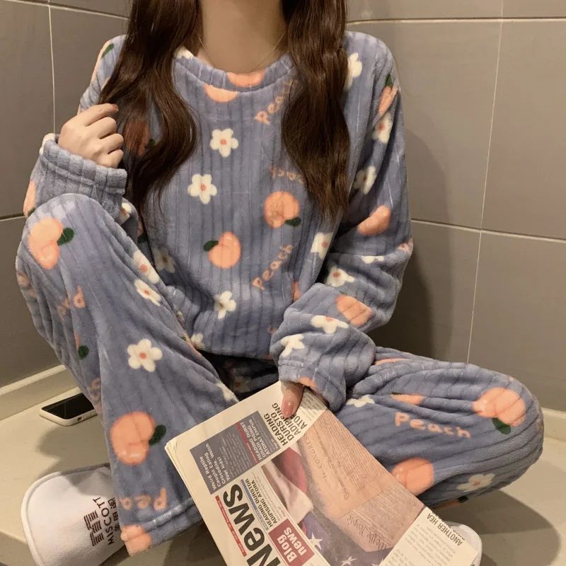 Women Thick Warm Coral Velvet Flannel Pajama Set 6