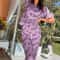 Women Dark Pink Letter Print Pajama Set With T Shirt And Pants 4