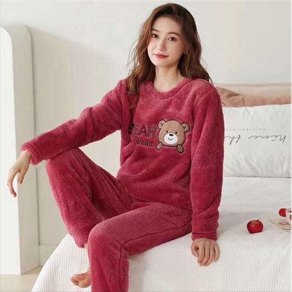 Women Winter Thick Flannel Coral Velvet Bear Pajama Set 0