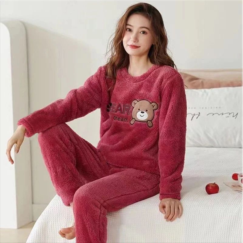 Women Winter Thick Flannel Coral Velvet Bear Pajama Set 0