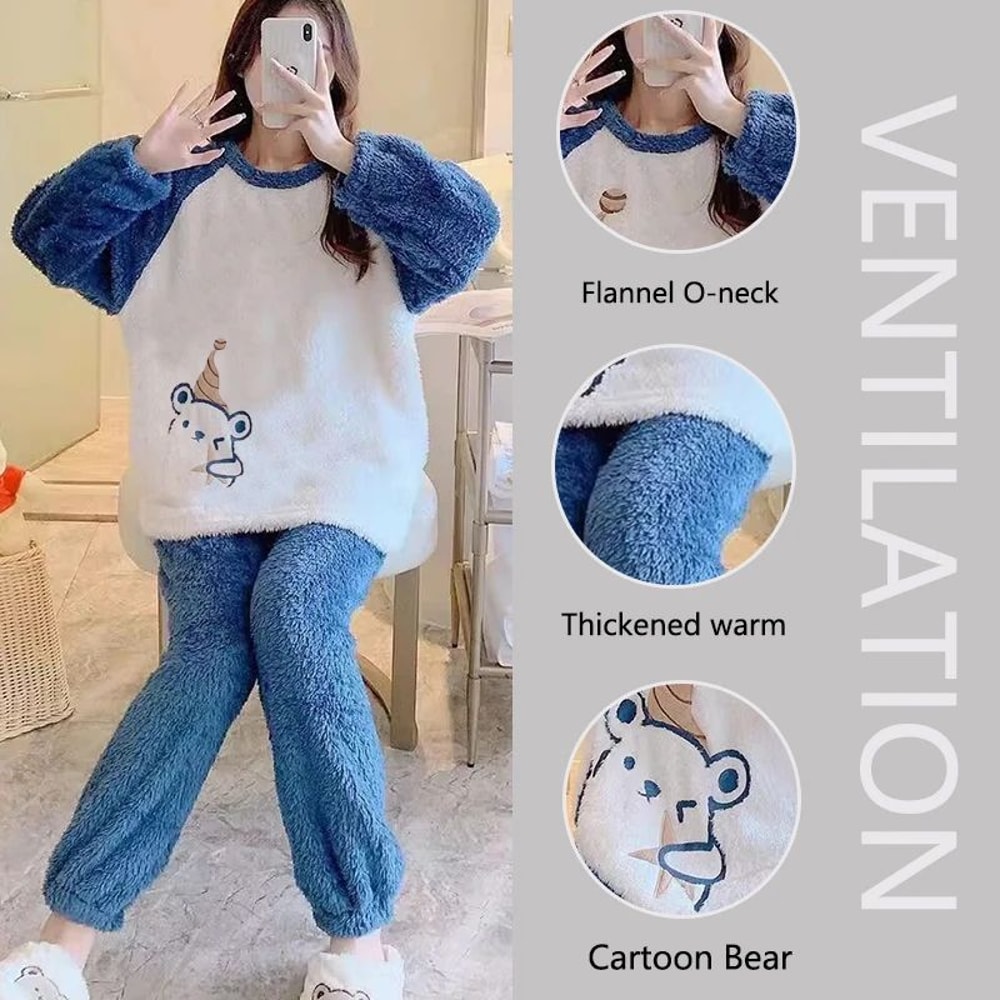 Women Winter Thick Flannel Coral Velvet Bear Pajama Set 3