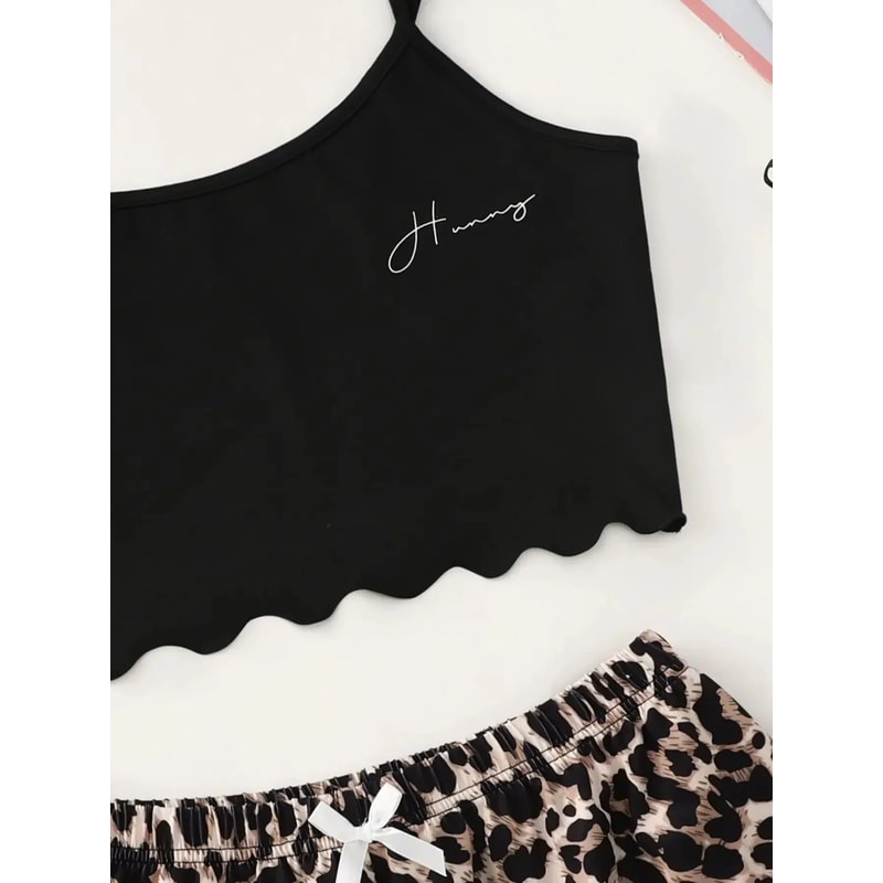 Women Leopard Print V Neck Cami And Shorts Pajama Set 1