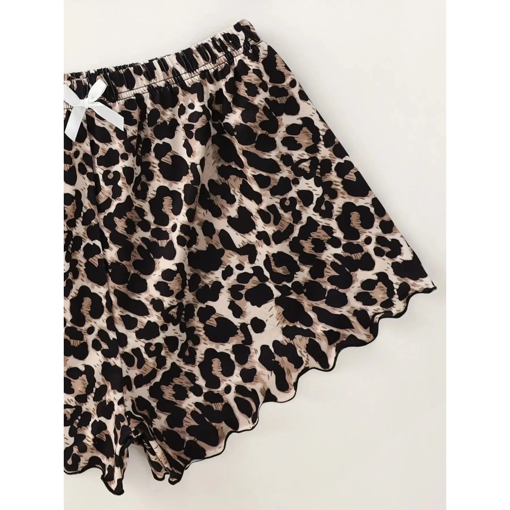 Women Leopard Print V Neck Cami And Shorts Pajama Set 2