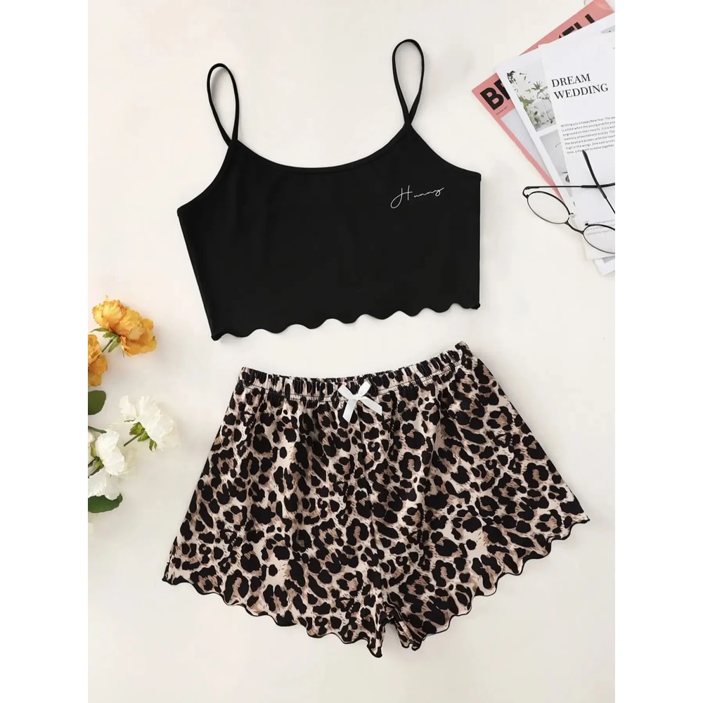 Women Leopard Print V Neck Cami And Shorts Pajama Set 5
