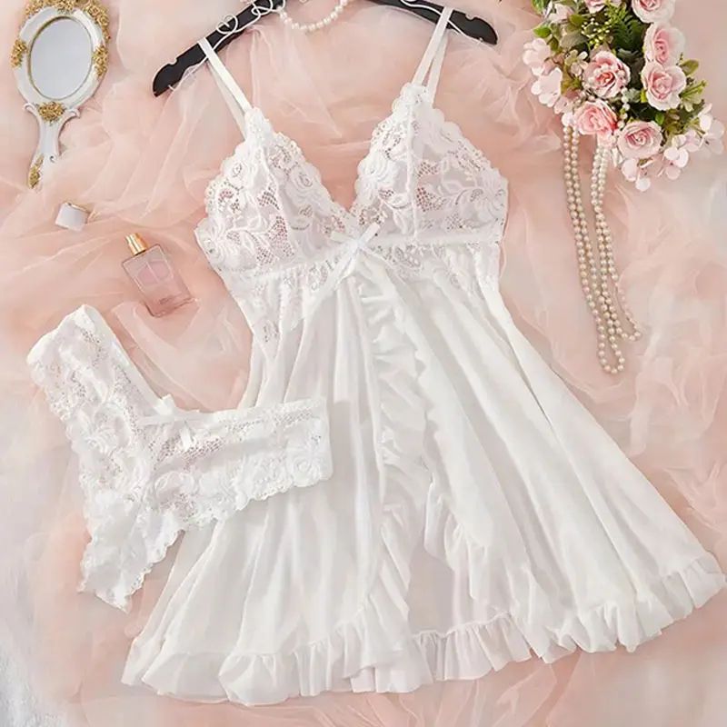 Women Sheer Lace Nightgown Set With Suspender Dress And G String 3