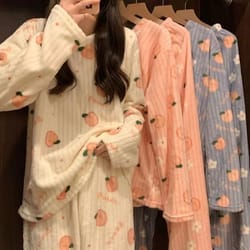 women winter coral fleece cartoon print pajama set