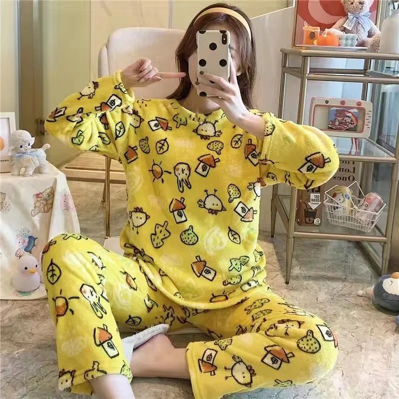 Women Winter Coral Fleece Cartoon Print Pajama Set 5