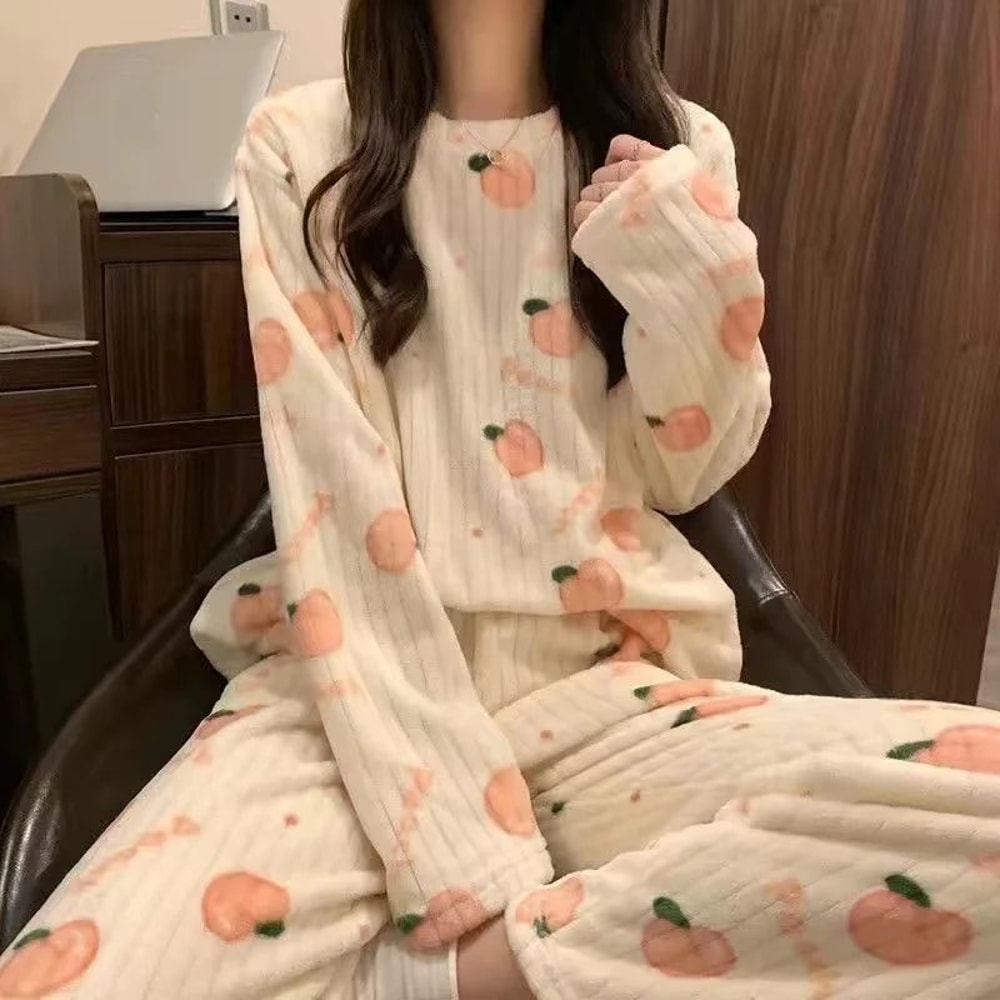 Women Winter Coral Fleece Cartoon Print Pajama Set 6