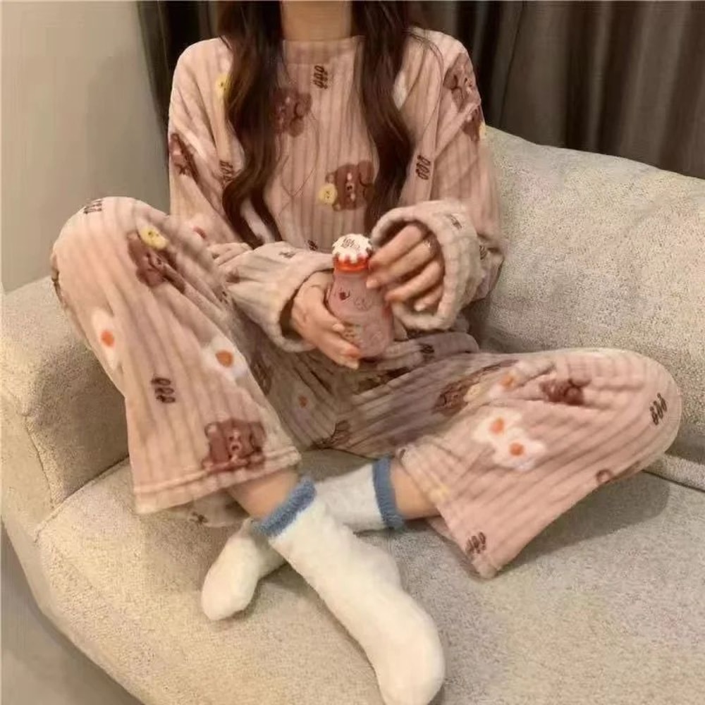 Women Winter Coral Fleece Cartoon Print Pajama Set 8