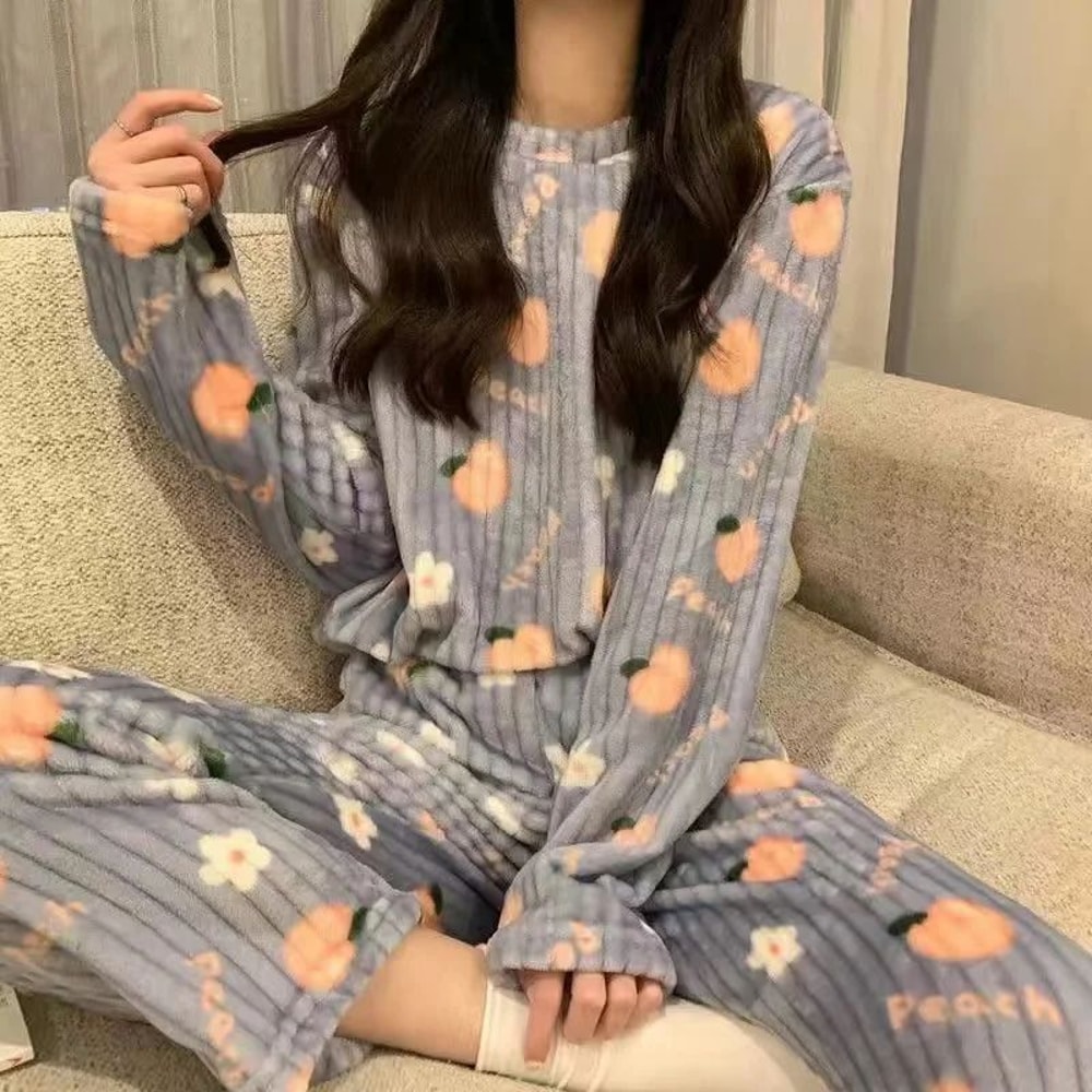 Women Winter Coral Fleece Cartoon Print Pajama Set 9