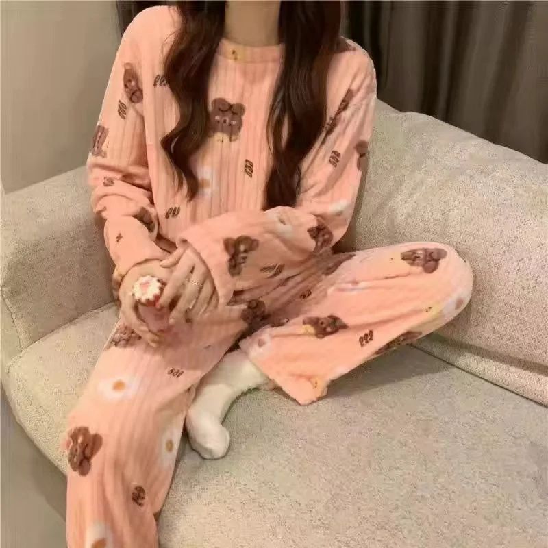 Women Winter Coral Fleece Cartoon Print Pajama Set 11