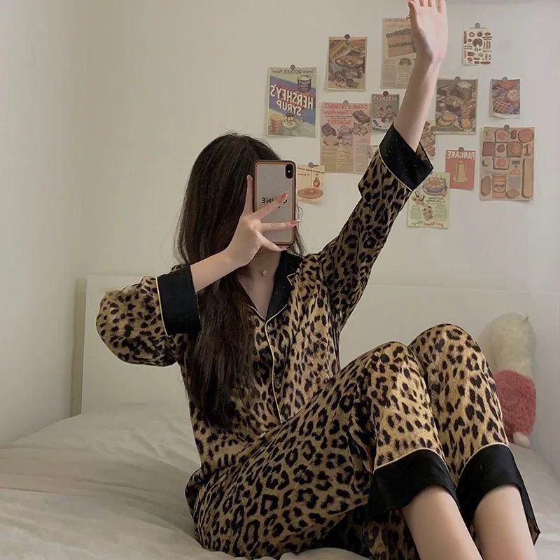 Women Leopard Print Long Sleeve Pajama Set Spring Fall 1
