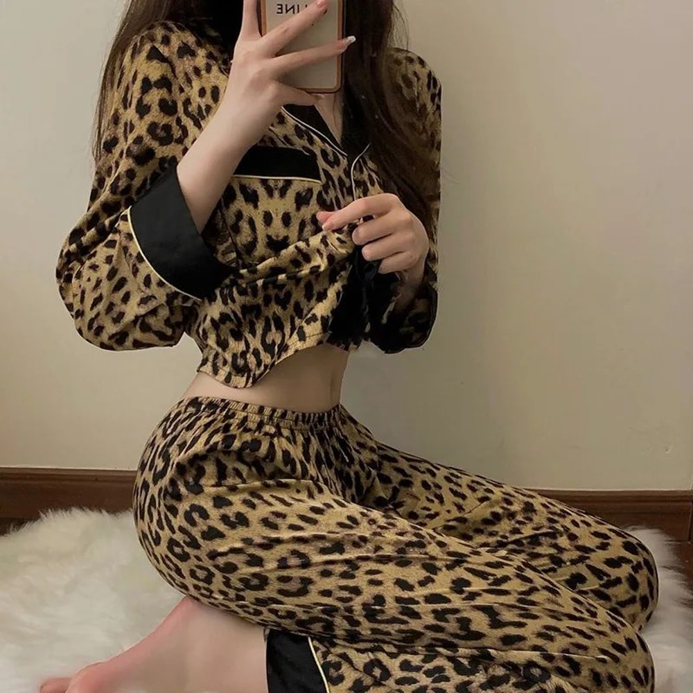Women Leopard Print Long Sleeve Pajama Set Spring Fall 2