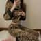 Women Leopard Print Long Sleeve Pajama Set Spring Fall 2