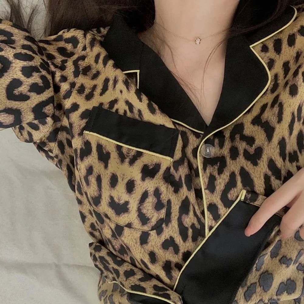 Women Leopard Print Long Sleeve Pajama Set Spring Fall 3