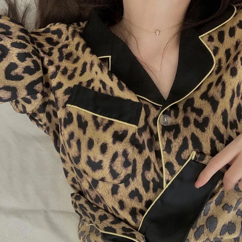 Women Leopard Print Long Sleeve Pajama Set Spring Fall 3