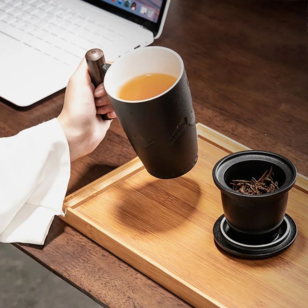 Retro Ceramic Mug With Wooden Handle And Lid 1