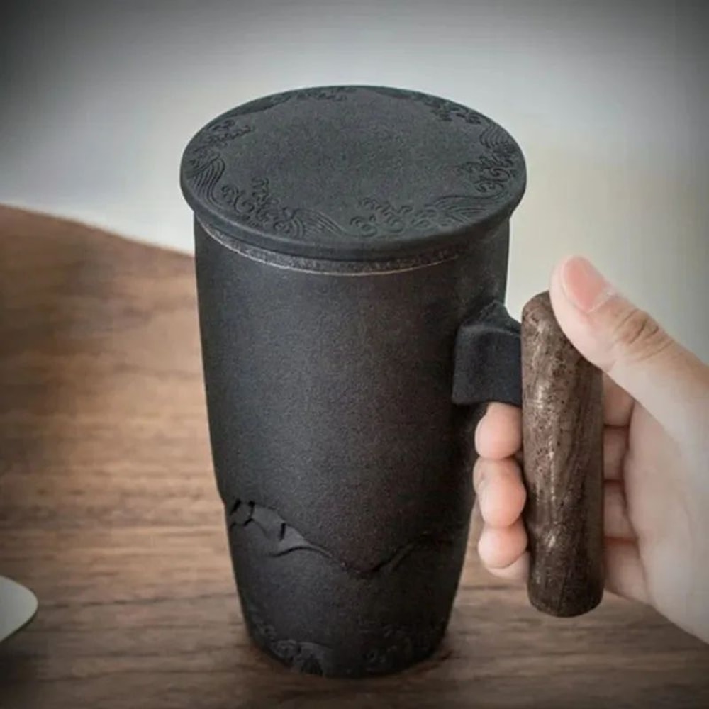 Retro Ceramic Mug With Wooden Handle And Lid 4