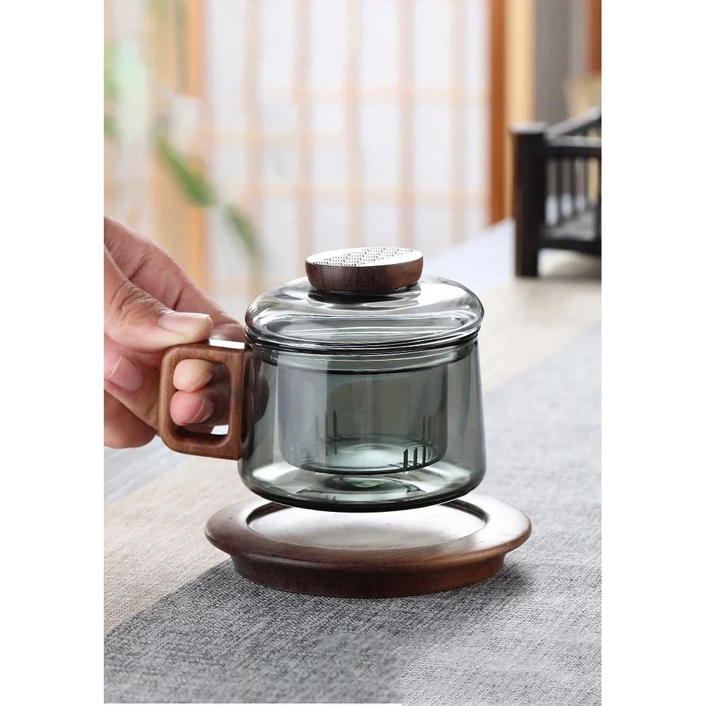 200 Ml Glass Tea Cup With Wooden Handle And Filter 9