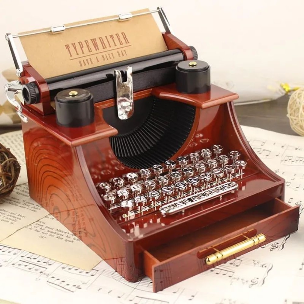 Retro Typewriter Music Box Wooden Desktop Decor 0