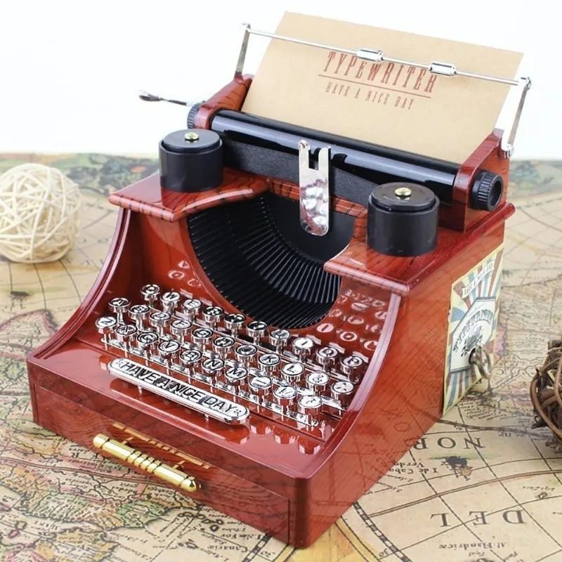 Retro Typewriter Music Box Wooden Desktop Decor 5