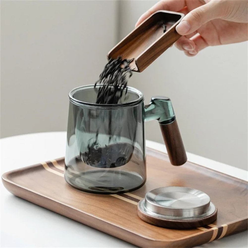 400ml Glass Tea Cup With Walnut Handle And Filter 3