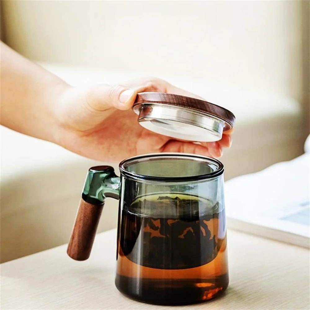 400ml Glass Tea Cup With Walnut Handle And Filter 8