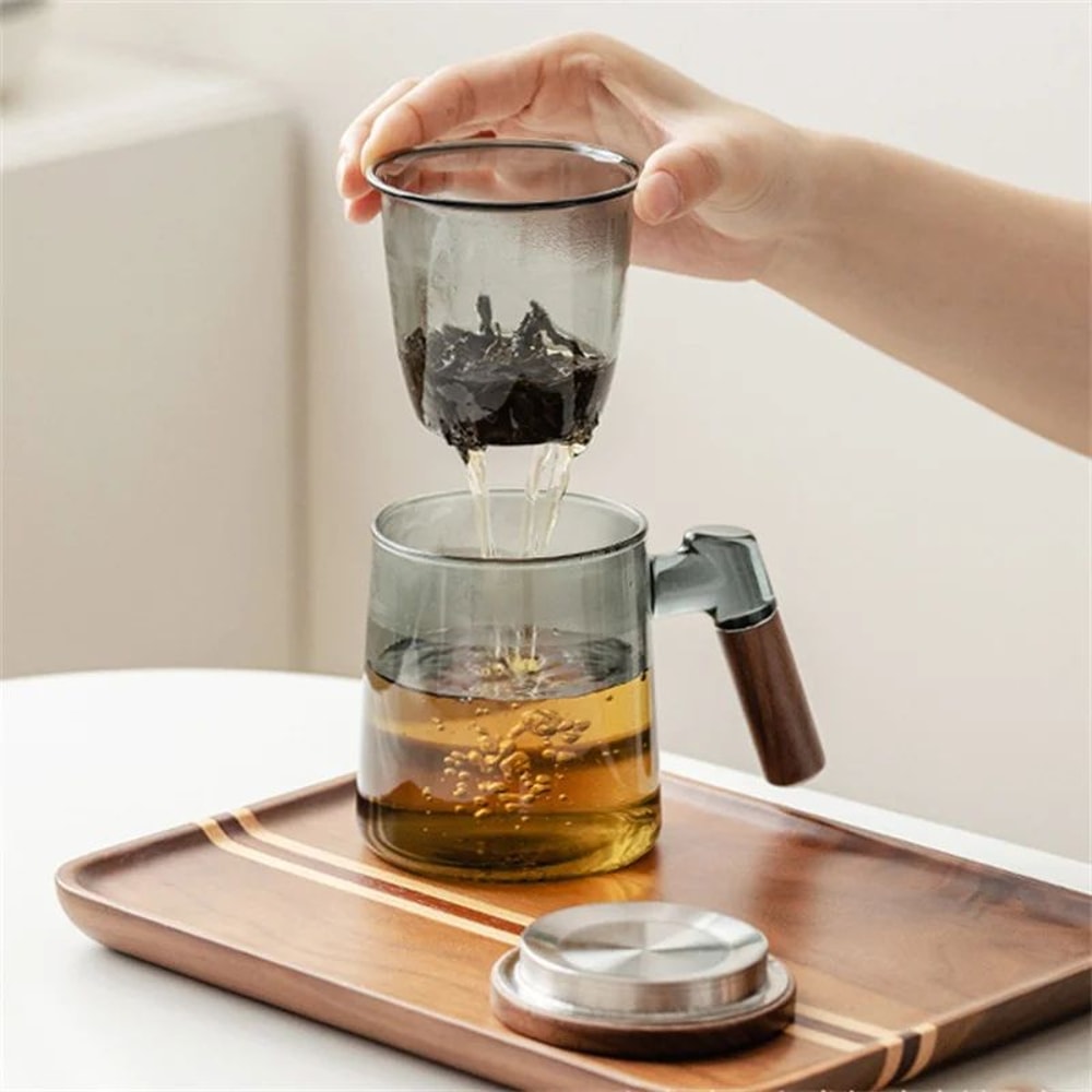 400ml Glass Tea Cup With Walnut Handle And Filter 9