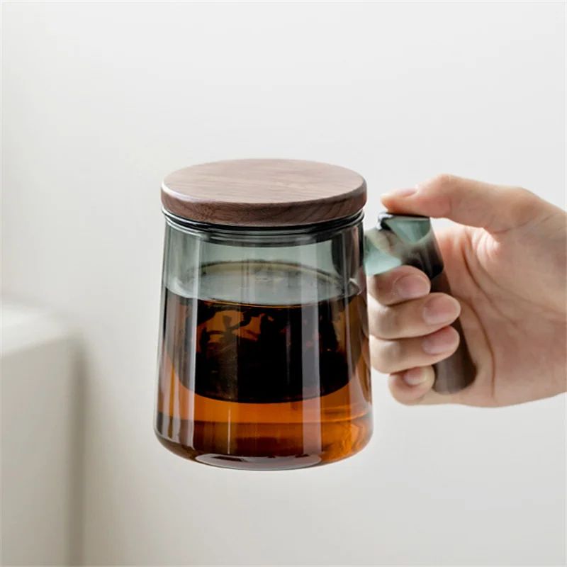 400ml Glass Tea Cup With Walnut Handle And Filter 10