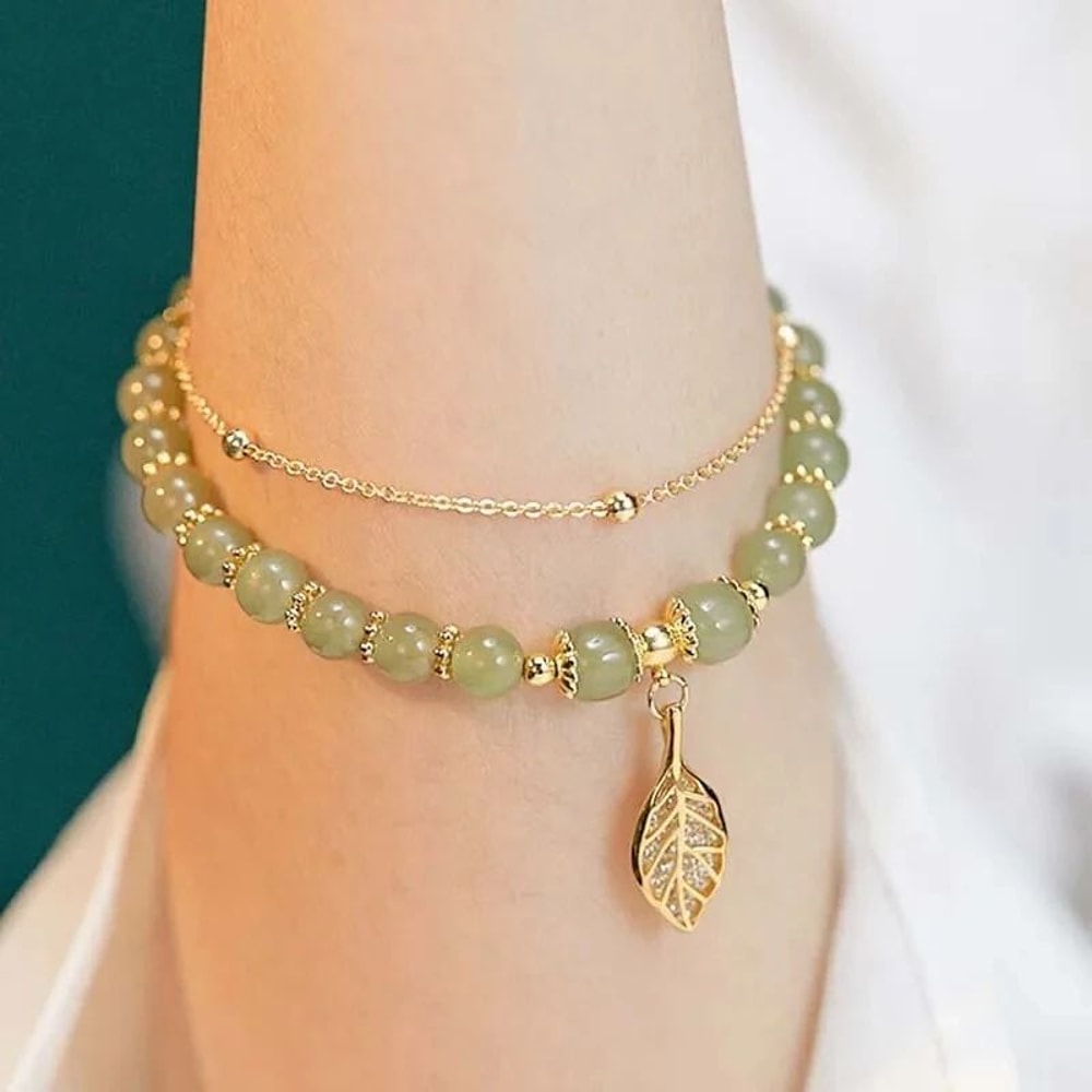 Chinese Style Green Jade Gold Leaf Double Chain Bracelet 1