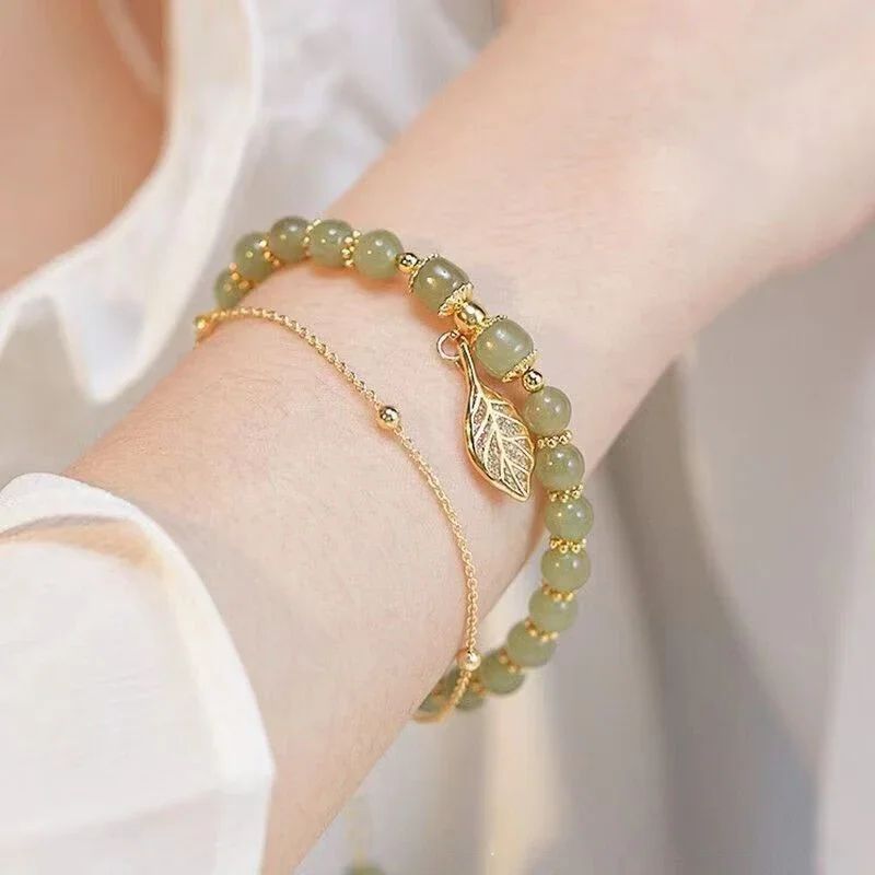 Chinese Style Green Jade Gold Leaf Double Chain Bracelet 3