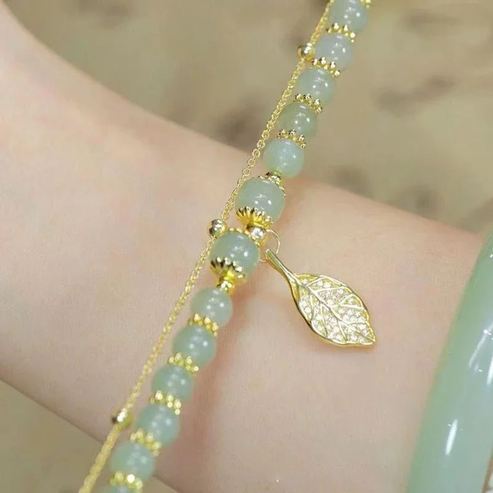 Chinese Style Green Jade Gold Leaf Double Chain Bracelet 4