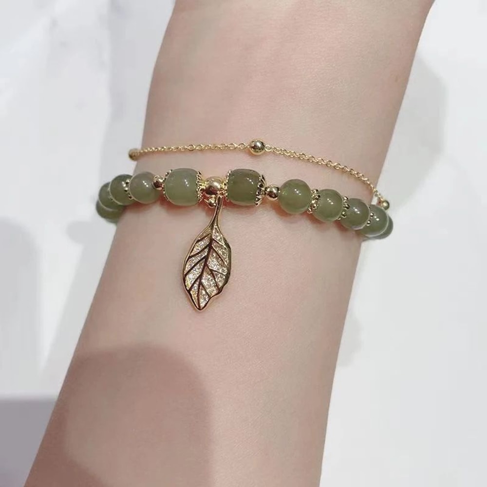 Chinese Style Green Jade Gold Leaf Double Chain Bracelet 7