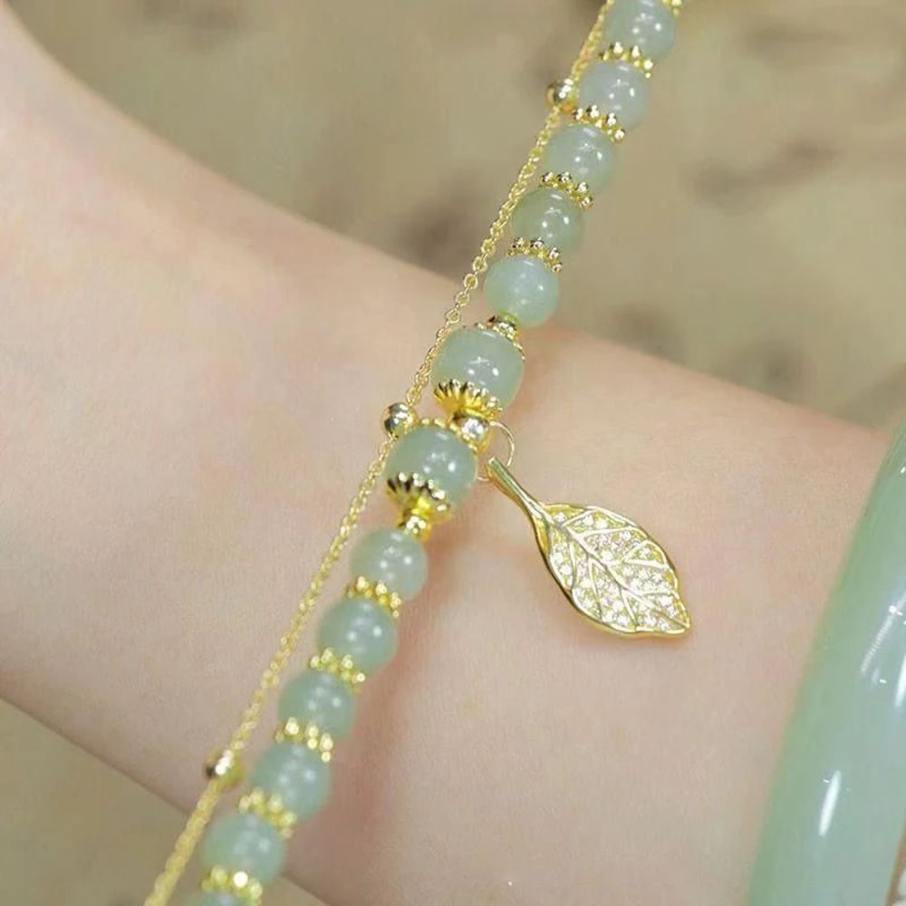 Chinese Style Green Jade Gold Leaf Double Chain Bracelet 8
