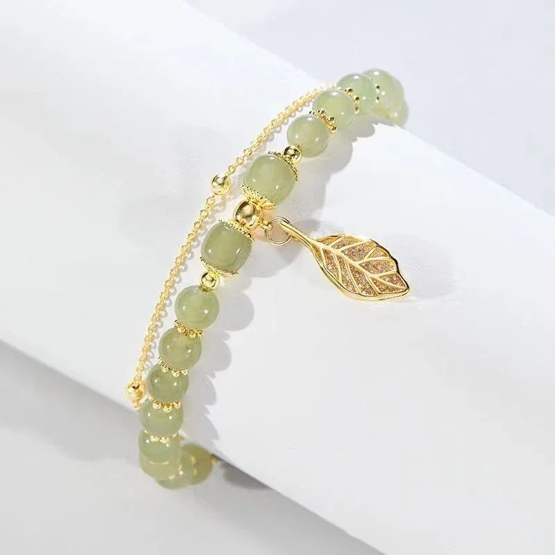 Chinese Style Green Jade Gold Leaf Double Chain Bracelet 9