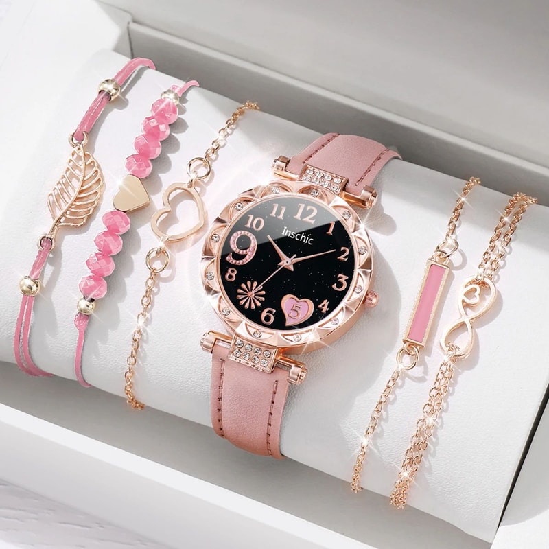 Heart Dial Leather Watch And Leaf Bracelet Set 0