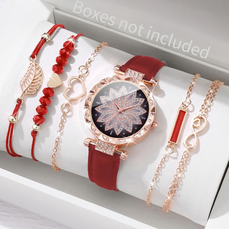 Heart Dial Leather Watch And Leaf Bracelet Set 3
