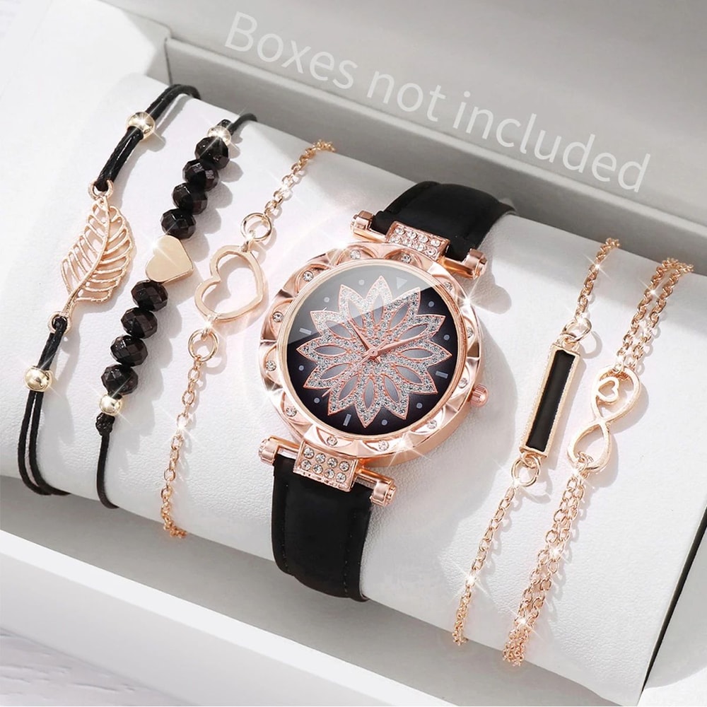 Heart Dial Leather Watch And Leaf Bracelet Set 9
