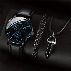 mens business leather watch necklace bracelet set