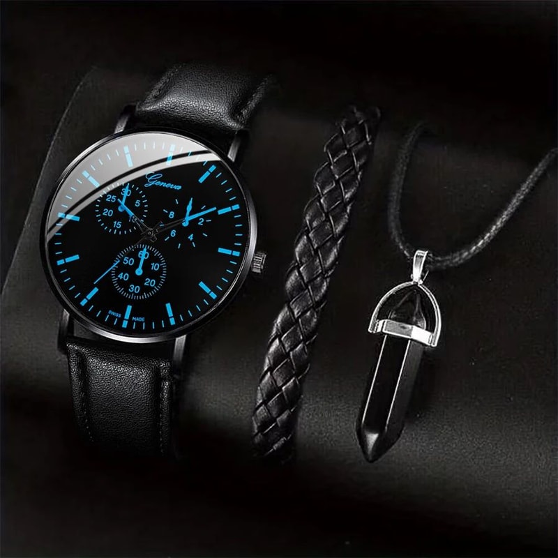 Mens Business Leather Watch Necklace Bracelet Set 0
