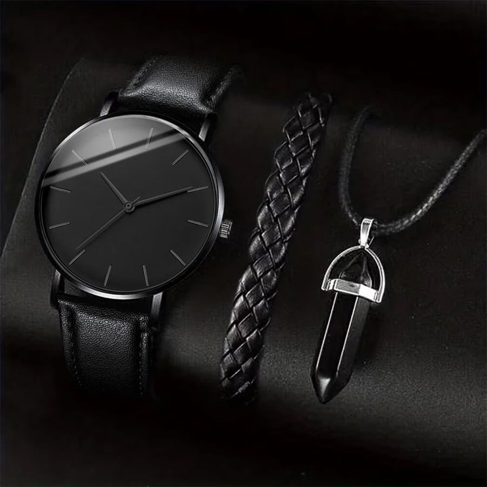 Mens Business Leather Watch Necklace Bracelet Set 4