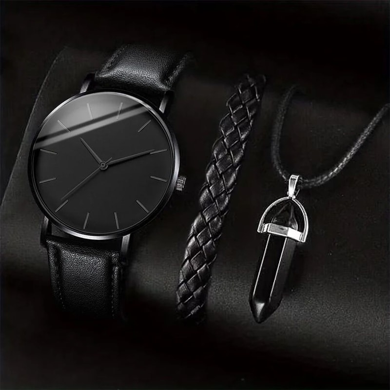 Mens Business Leather Watch Necklace Bracelet Set 4