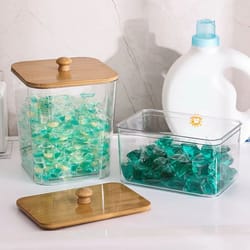 laundry powder storage box with bamboo lid and cotton swab holder