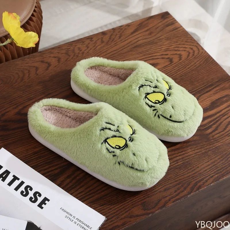 Plus Size Plush Green Monster Fur Indoor Slippers 1
